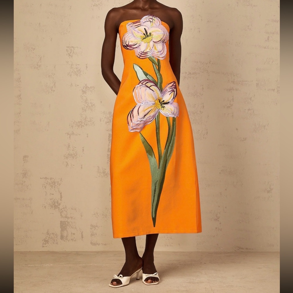 Orange Floral Strapless Dress
